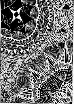 Black and white coloring. Floral tattoo artwork. Indian style. Doudle art floral composition.
