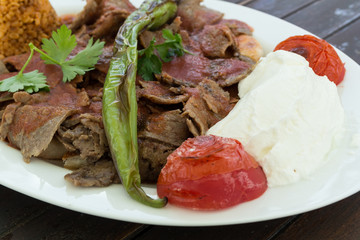 Turkish iskender kebap closeup