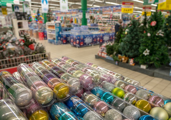 counters with Christmas decorations in the store