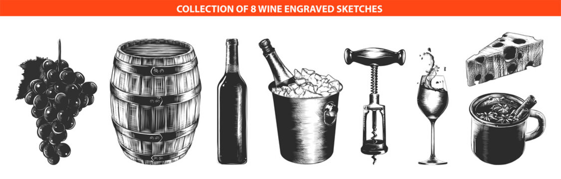 Vector engraved style wine list or menu collection for posters, decoration, logo, emblem. Hand drawn sketches of in monochrome isolated on white background. Detailed vintage woodcut style drawing.