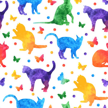 Colorful watercolor seamless pattern with cute cats and butterflies isolated on white background. vector eps10.