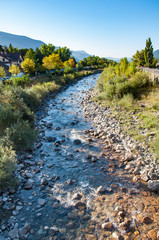 The Gallego river flowing through the pretty town of Biescas in the Spanish Pyrenees.