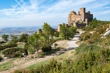 Fototapeta na wymiar A wideangle view of Loarre Castle in Spain, the best preserved Romanesque castle in Europe.