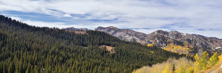 Guardsman Pass views of Panoramic Landscape of the Pass from the Brighton side by Midway and Heber Valley along the Wasatch Front Rocky Mountains, Fall Leaf Forests bright orange and yellow colors. Ut