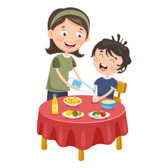 Vector Illustration Of Mother Prepare Breakfast For Kid