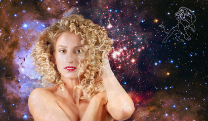 Leo Zodiac Sign. Astrology and horoscope, Beautiful woman Leo on the galaxy background