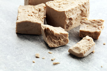 Dry yeast crumbled and yeast block for baking