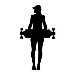 Girl with skateboard in hands. Can be used for printing on T-shirts, flyers, etc.  Vector illustration