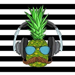 A pineapple in headphones against  and glasses . Can be used for printing on T-shirts, flyers, etc. Vector illustration
