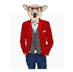 Illustration of dog hipster dressed up in jacket, pants and sweater. Vector illustration