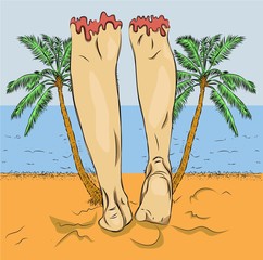 Slender female legs, barefoot, back view,in the background of a palm trees. Cartoon style, hand drawn. Vector illustration, isolated on white background.