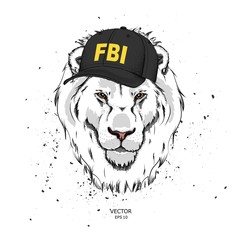  Portrait of a lion in the cap of an FBI agent. Can be used for printing on T-shirts, flyers and stuff. Vector illustration.