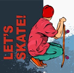 Skateboarder with skateboards in hands. Hipster style and fashion concept, Vector illustration.