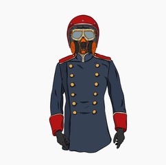 PPortrait of a man in old military uniform and retro motorcyclist helmet with glasses and a respirator. Can be used for printing on T-shirts, flyers and stuff. Vector illustration