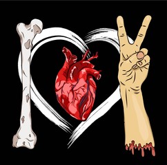 Illustration heart and hand  on white background. Abstract drawing. Can be used for printing on T-shirts, flyers and stuff. Vector illustration.