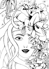 Vector illustration zentangl girl with flowers in her hair. Doodle drawing. Coloring book anti stress for adults.