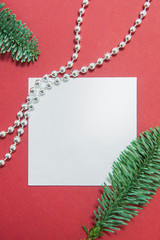 Christmas composition with Copy Space, christmas tree Branches with Decorations, Flatlay, Top View