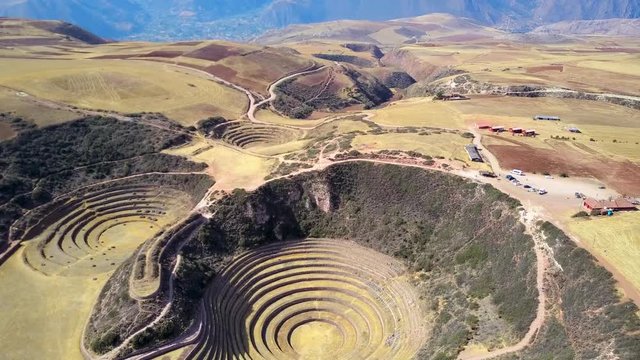 Epic aerial view of beautiful Moray. Peruvian Incan archeological sight.