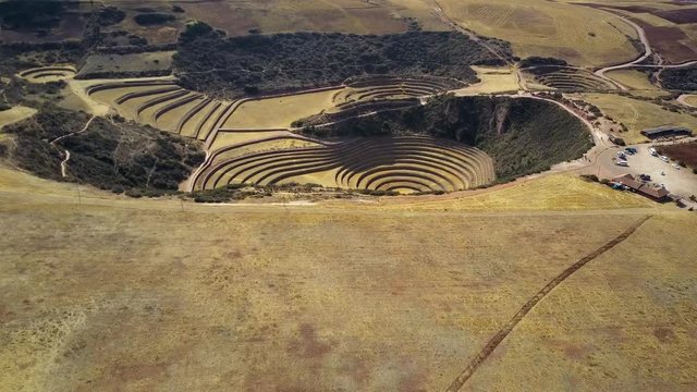 Epic aerial view of beautiful Moray. Peruvian Incan archeological sight.
