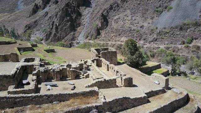 Aerial view of Ancient Peruvian Inca Ruins Ollantaytambo.