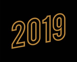 Modern Happy New Year 2019 text design gold colored isolated on black background, vector elements for calendar and greeting card.