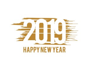 Happy New Year 2019 text design gold colored isolated on white background paint brush hand drawn. Vector elements for calendar and greeting card.