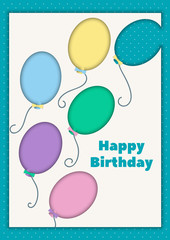 Postcard with colorful balloons. Birthday greetings. Vector illustration in art style paper cut.