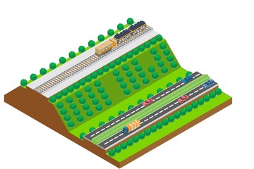 isometric railroad illustrations and highways on hills, cars, trucks, natural sights, vector illustration