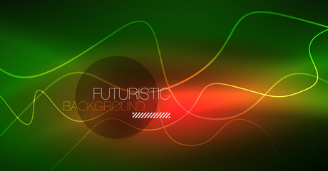 Abstract shiny glowinng color wave design element on dark background - science or technology concept