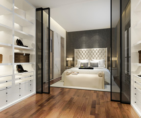 3d rendering luxury modern bedroom suite tv with wardrobe and walk in closet