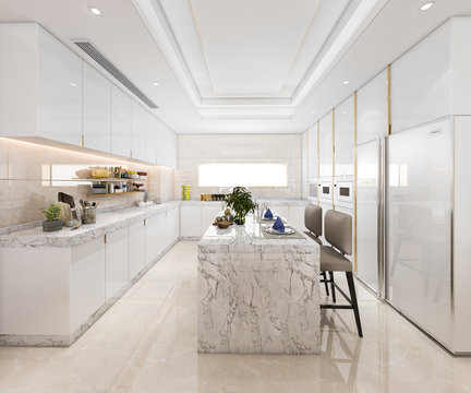 3d rendering white minimal kitchen with luxury decoration