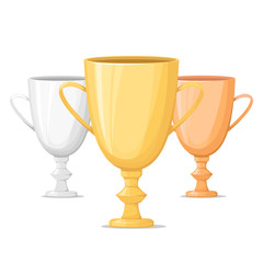 Gold, silver and bronze winners cup. Trophy. Isolated on white background. Cartoon style