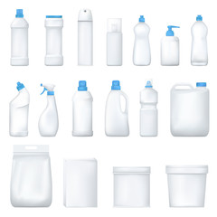 Mock up plastic bottle and packge. Set of realistic detergent product. Household chemicals. Vector.