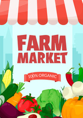 Banner template for farmers market.Eco organic Local shop. Selling fruit and vegetables. Produce stands.Cartoon style vector