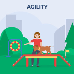 Agility. Dog training park with sport equipment. A woman training dog. Cynology. Flat vector