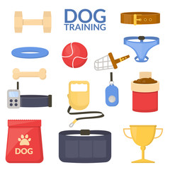 Set object of dog sport. Training equipment. Obedience. Vector flat