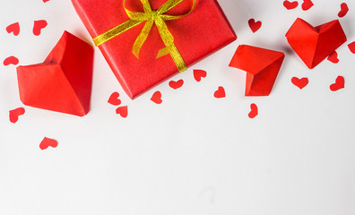Valentine day concept. Red paper origami hearts.