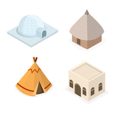 Set Isometric Tribal Native House From Different World Tribe Illustration Vector Cartoon