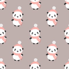 Happy cartoon panda. Character christmas panda. Cute seamless pattern with panda in a hat and scarf in winter. Vector illustration.