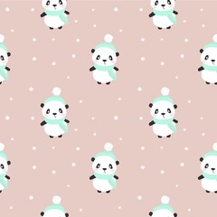 Fototapeta na wymiar Happy cartoon panda. Character christmas panda. Cute seamless pattern with panda in a hat and scarf in winter. Vector illustration.