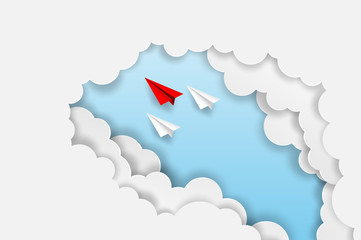 Business  leadership ,financial concept. Red paper plane leadership  to sky go to success goal. paper art style. creative idea. vector illustration.