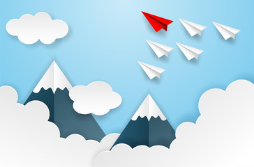 Business  leadership ,financial concept. Red paper plane leadership  to sky go to success goal. paper art style. creative idea. vector illustration.