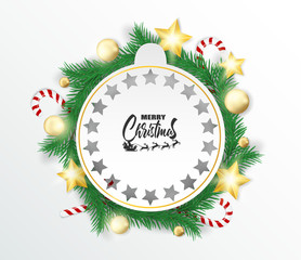 Merry Christmas. Design with christmas tree , balls and candy canes on white background .Vector , illustration.