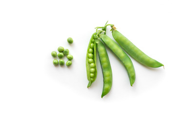 Isolated green pods. Sweet green pea. Top view. White background. 