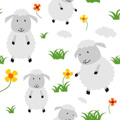 Seamless pattern cute sheep eat grass and flower. Creative childish texture for fabric, textile fashion