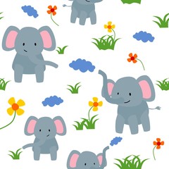 Seamless pattern cute elephant eat grass and flower. Creative childish texture for fabric, textile fashion