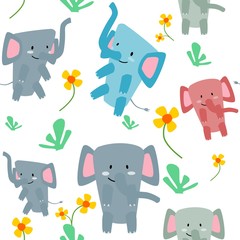 Seamless pattern cute elephant eat grass and flower. Creative childish texture for fabric, textile fashion