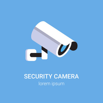 CCTV surveillance system security camera monitoring equipment on wall professional guard concept blue background flat copy space