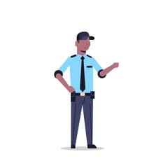 african american security guard man in uniform point to something police officer male cartoon character full length flat isolated