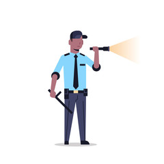 african american security guard man in uniform holding flashlight baton police officer shining flash light male cartoon character full length flat isolated